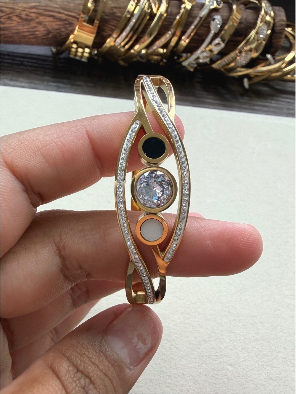 Non-Tarnish 18K Gold Plated Geometric Crystal Bangle